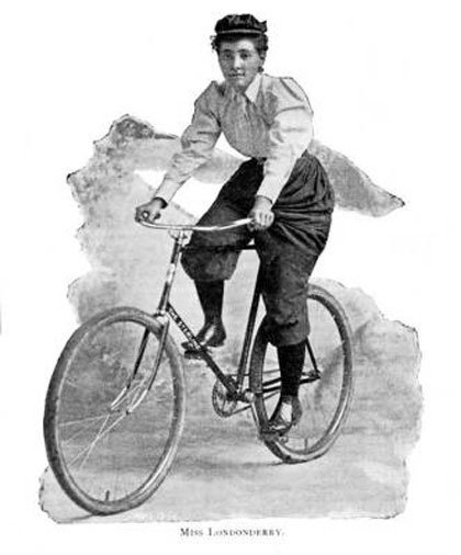 ilustración histórica de Annie Londonderry en bicicleta
