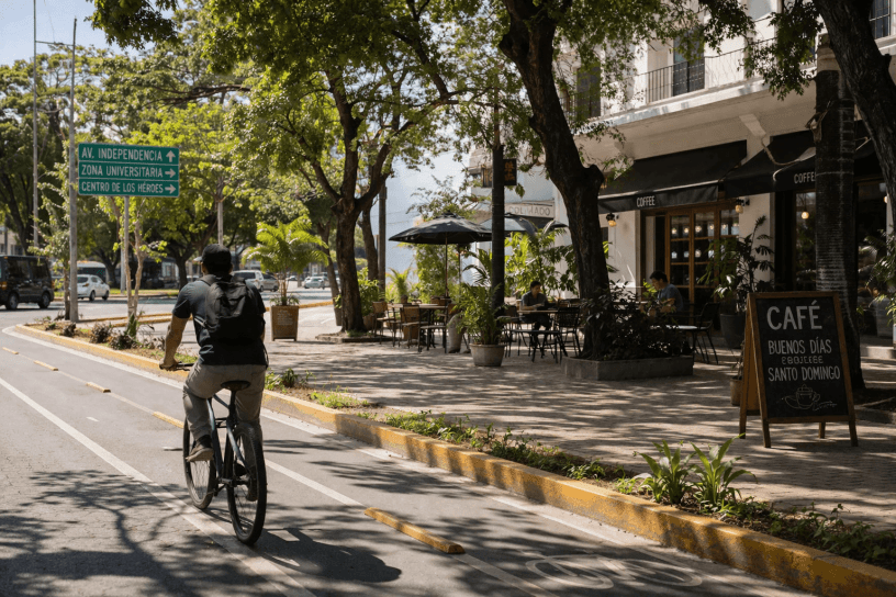 personas y ciclistas compartiendo espacio urbano en Santo Domingo