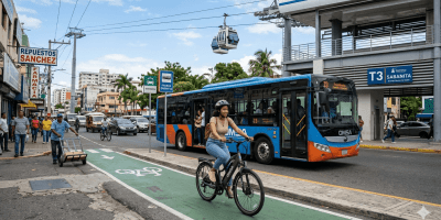 Ciclista en una ciclovía verde en Santo Domingo con un autobús de la OMSA y el Teleférico al fondo, representando la intermovilidad urbana.