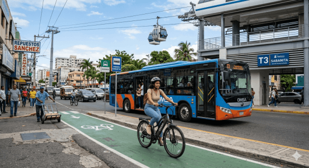 Ciclista en una ciclovía verde en Santo Domingo con un autobús de la OMSA y el Teleférico al fondo, representando la intermovilidad urbana.