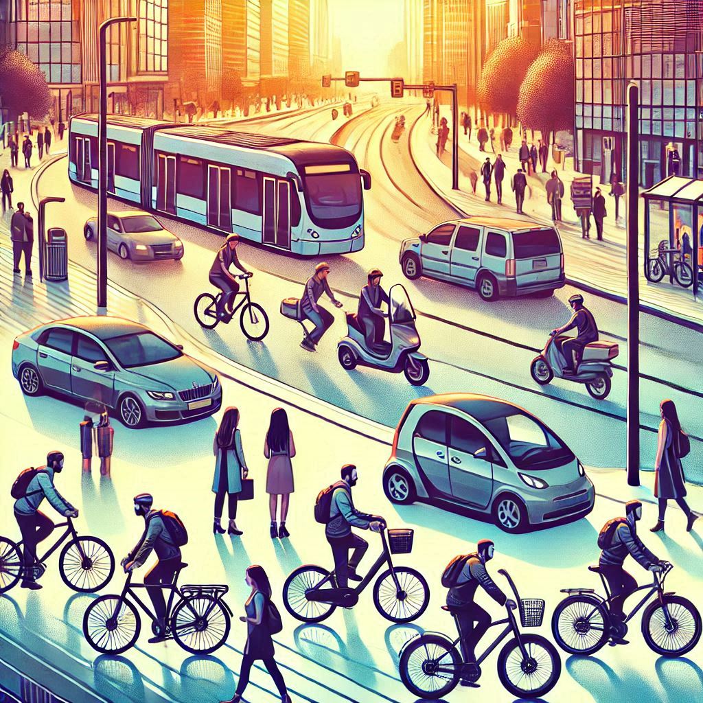 Diferentes personas utilizando varios medios de trasportes en la ciudad.