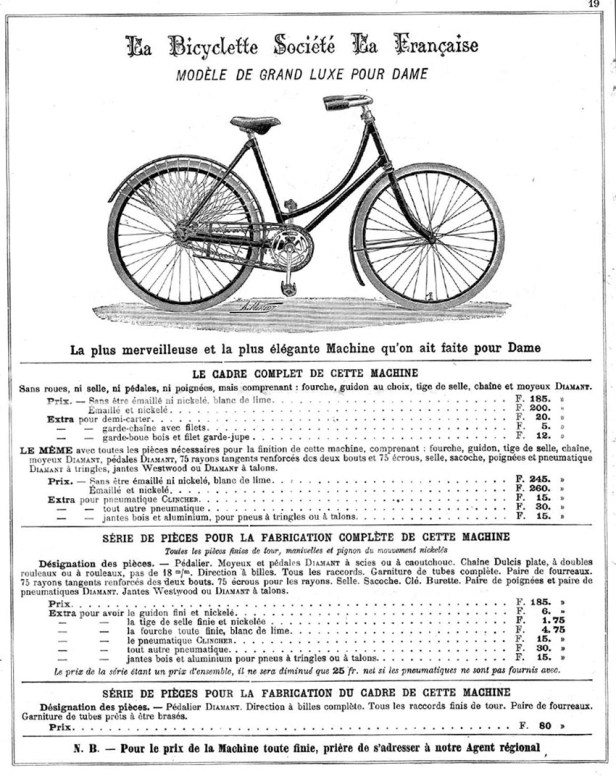 Ilustración de bicicleta La Française Diamant modelo para dama durante la Belle Époque