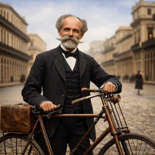 ciclista con bicicleta antigua del siglo XIX