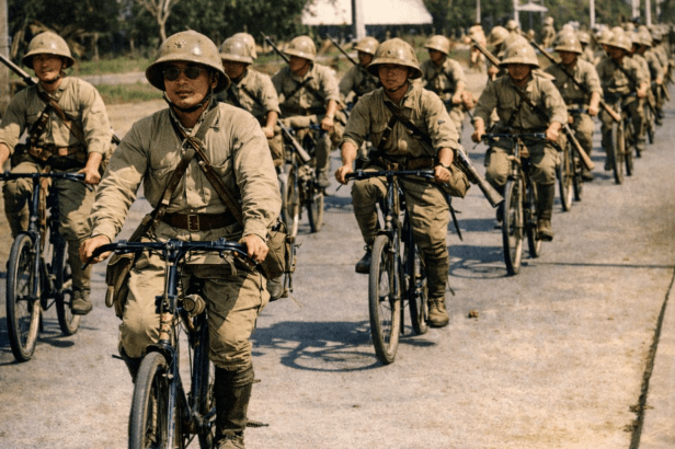 Soldados del ejército japonés avanzando en bicicleta durante la campaña de Malaya en la Segunda Guerra Mundial
