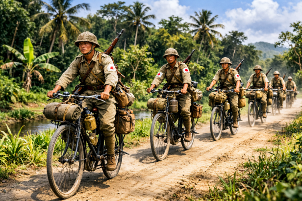 Infantería japonesa desplazándose en bicicleta por caminos rurales durante la Segunda Guerra Mundial