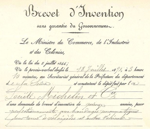 Documento de patente del neumático Michelin presentado en Francia a finales del siglo XIX