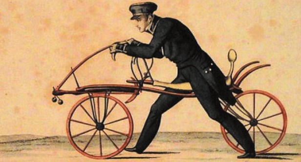 Ilustración de la draisiana inventada por Karl Drais en 1817 considerada el primer antecedente de la bicicleta moderna.