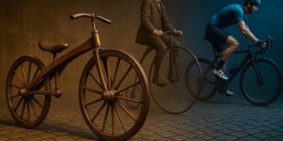 Representación de la evolución de la bicicleta desde la draisiana de Karl Drais hasta las bicicletas modernas utilizadas en el ciclismo actual.