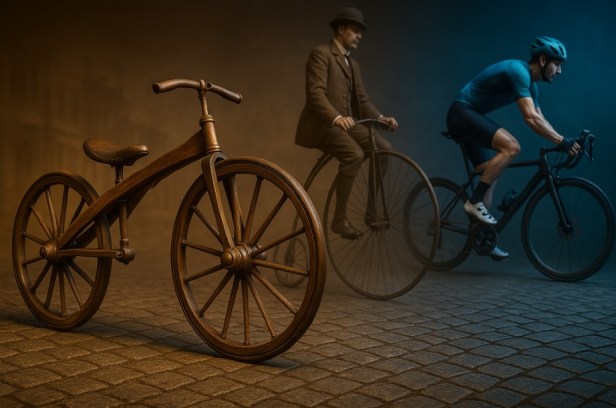 Representación de la evolución de la bicicleta desde la draisiana de Karl Drais hasta las bicicletas modernas utilizadas en el ciclismo actual.