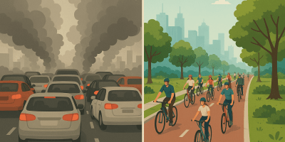 comparación entre tráfico de autos contaminantes y ciclismo urbano sostenible