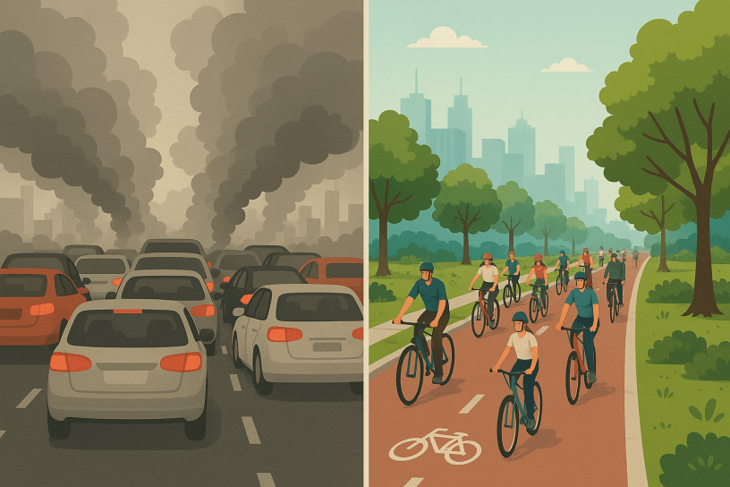 comparación entre tráfico de autos contaminantes y ciclismo urbano sostenible