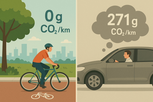 comparación emisiones co2 bicicleta 0 gramos vs automóvil 271 gramos por km