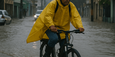 Ciclista urbano con impermeable amarillo pedaleando en una calle inundada de Santo Domingo durante una tormenta
