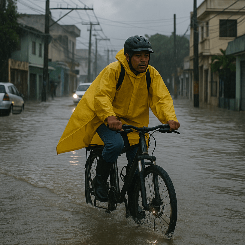 Ciclista urbano con impermeable amarillo pedaleando en una calle inundada de Santo Domingo durante una tormenta