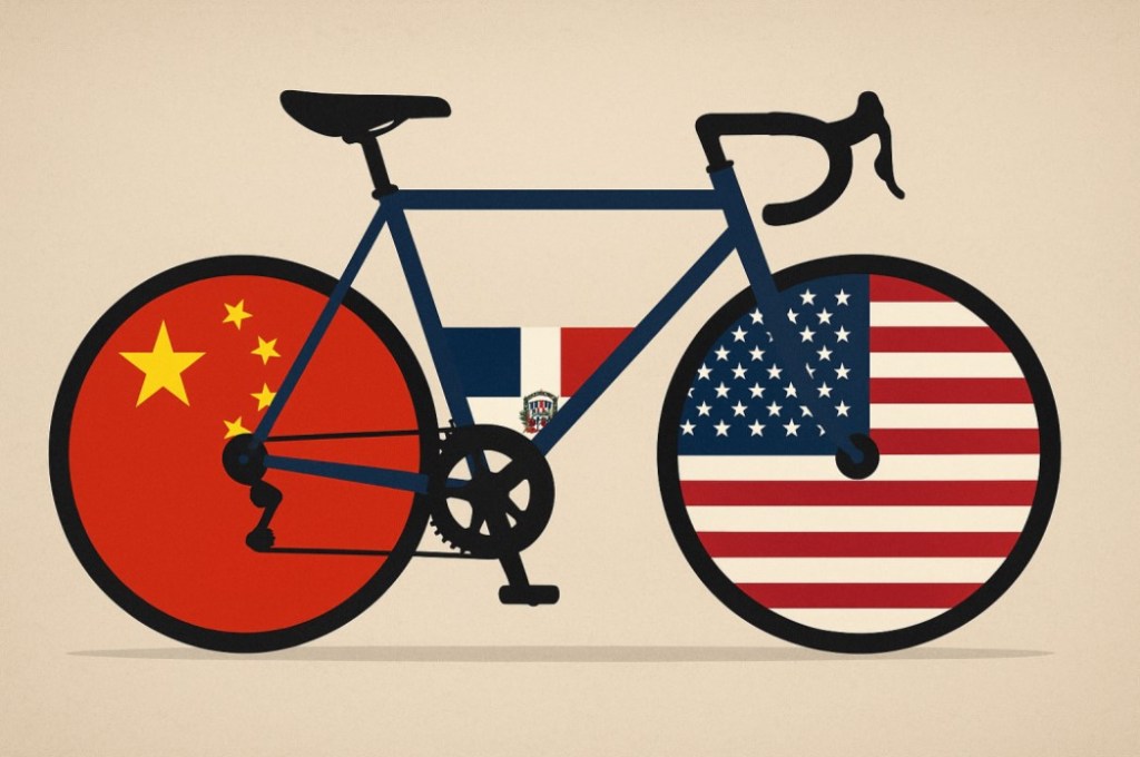 Ilustración de bicicleta con ruedas representando las banderas de China y Estados Unidos simbolizando la guerra comercial en la industria de las bicicletas en América Latina.