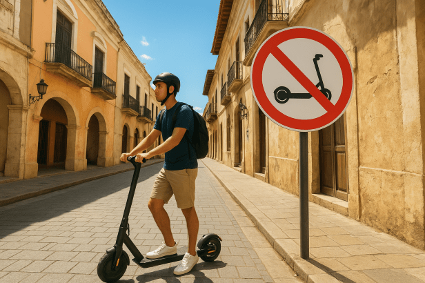 Joven en patineta eléctrica frente a señal de prohibición en la Zona Colonial de Santo Domingo, República Dominicana