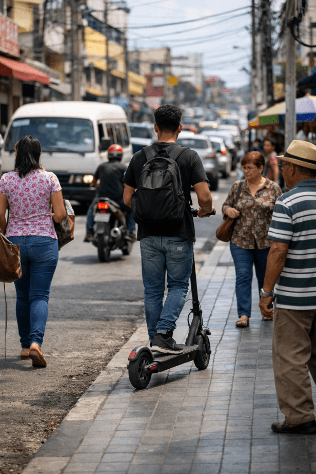 Usuario de patinete eléctrico infringiendo la normativa de 2026 al circular por la acera en Santo Domingo