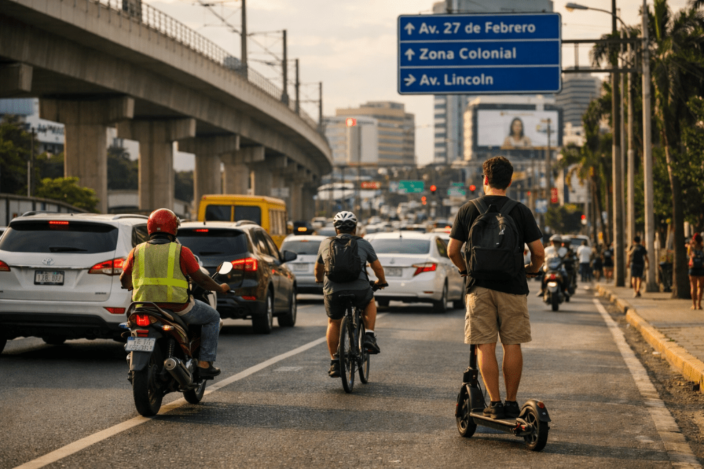 Scooter eléctrico, ciclista urbano y motoconcho circulando en la avenida 27 de Febrero en Santo Domingo durante hora pico, reflejando el debate sobre regulación de la micromovilidad en República Dominicana.