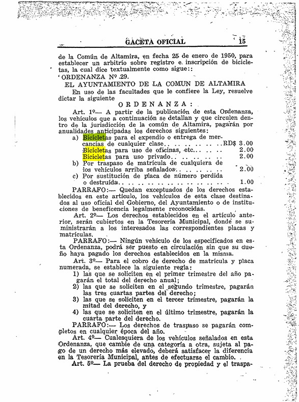 ordenanza registro bicicletas Altamira 1950 Republica Dominicana placas e inscripcion bicicletas