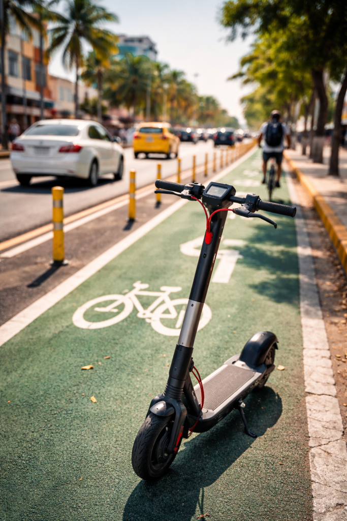 Scooter eléctrico en una ciclovía urbana de Santo Domingo junto al tráfico de la ciudad, representando el crecimiento de la micromovilidad en República Dominicana.
