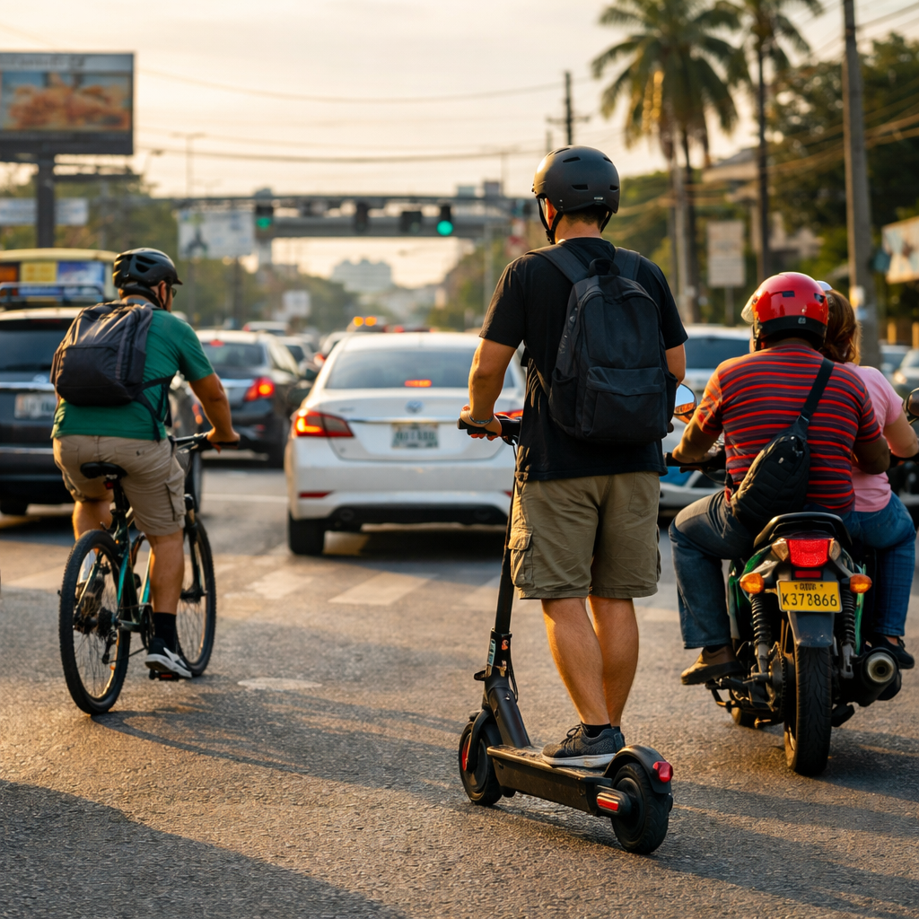 Usuario de scooter eléctrico circulando en una avenida de Santo Domingo junto a un ciclista urbano y un motoconcho, reflejando el crecimiento de la micromovilidad en República Dominicana.